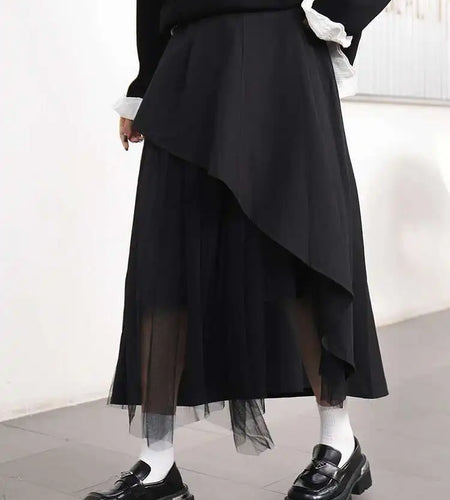 High Elastic Waist Black Mesh Irregular Spliced A-line Half-body Skirt Women Fashion Tide New Spring Autumn 2025 1DJ0611