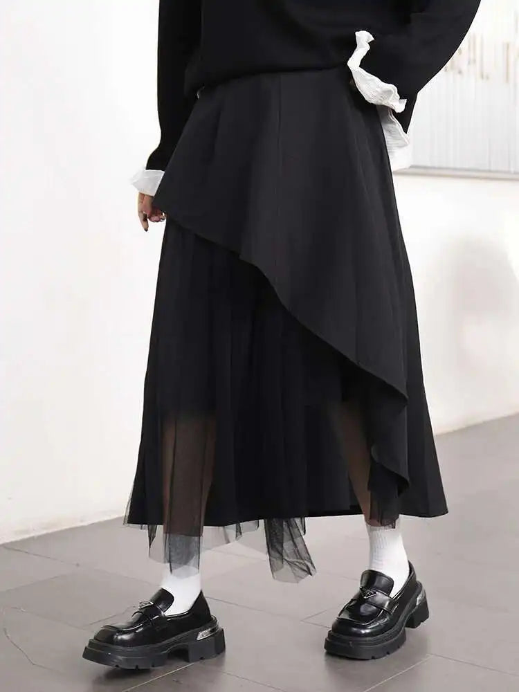 High Elastic Waist Black Mesh Irregular Spliced A-line Half-body Skirt Women Fashion Tide New Spring Autumn 2025 1DJ0611