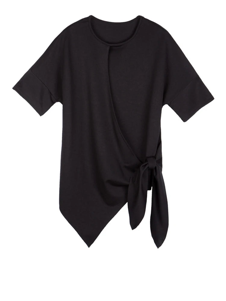 Women White Irregular Bandage Big Size T-shirt New Round Neck Short Sleeve Fashion Tide Spring Summer 2025  1DJ1767