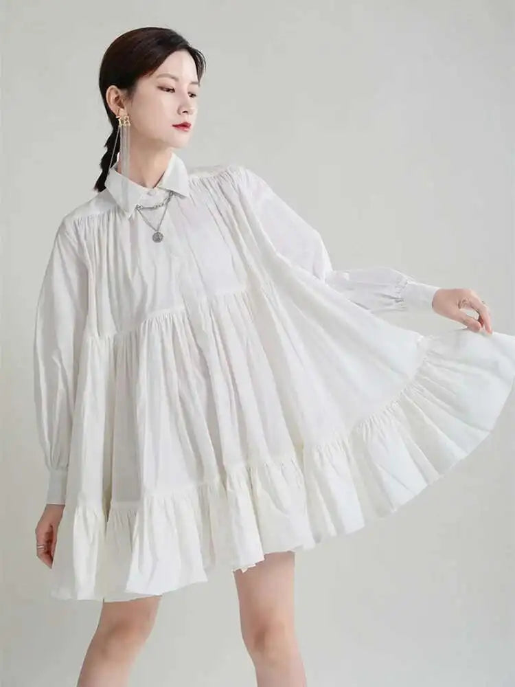 Women Black Pleated Elegant Mini Shirt Dress New Lapel Long Sleeve Loose Fit Fashion Tide Spring Autumn 2025 1DE365901