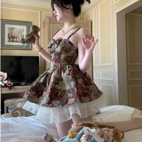 Load image into Gallery viewer, Vintage Kawaii Slip Dress Women Mori Girl Lolita Cute Bear Print Spaghetti Strap Short Dresses Fashion
