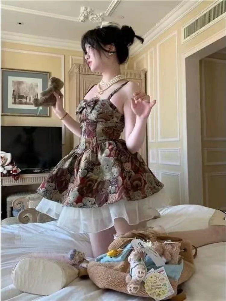Vintage Kawaii Slip Dress Women Mori Girl Lolita Cute Bear Print Spaghetti Strap Short Dresses Fashion