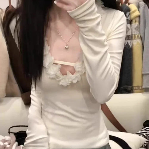 Load image into Gallery viewer, 3D Floral Woman T Shirts V-neck Long Sleeve Tees 2025 Ropa Mujer Fashion Korean Camisetas Solid Color Casual Tshirt Tops Female
