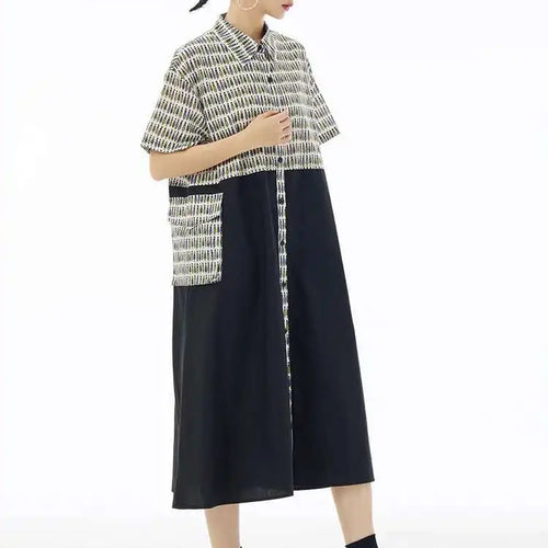 Load image into Gallery viewer, Women Black Printed Color-block Big Size Shirt Dress New Laple Short Sleeve Fashion Tide Spring Summer 2025 1DH6081
