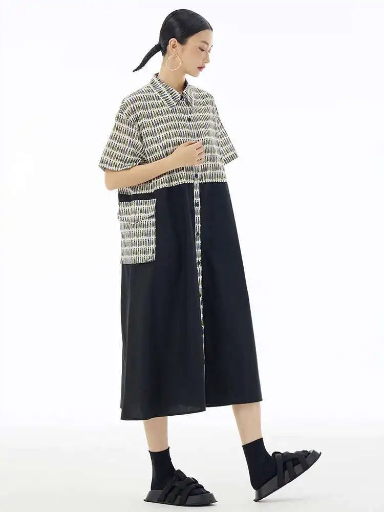 Women Black Printed Color-block Big Size Shirt Dress New Laple Short Sleeve Fashion Tide Spring Summer 2025 1DH6081