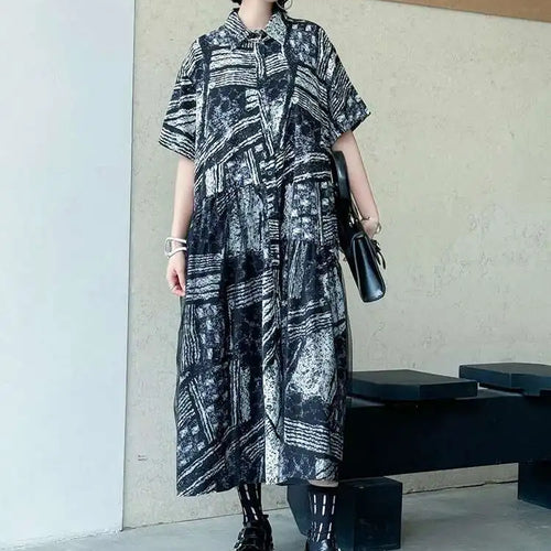Load image into Gallery viewer, Women Black Pattern Printed Big Size Mesh Midi Shirt Dress New Lapel Short Sleeve Fashion Tide Spring Summer 2025 1DJ0636
