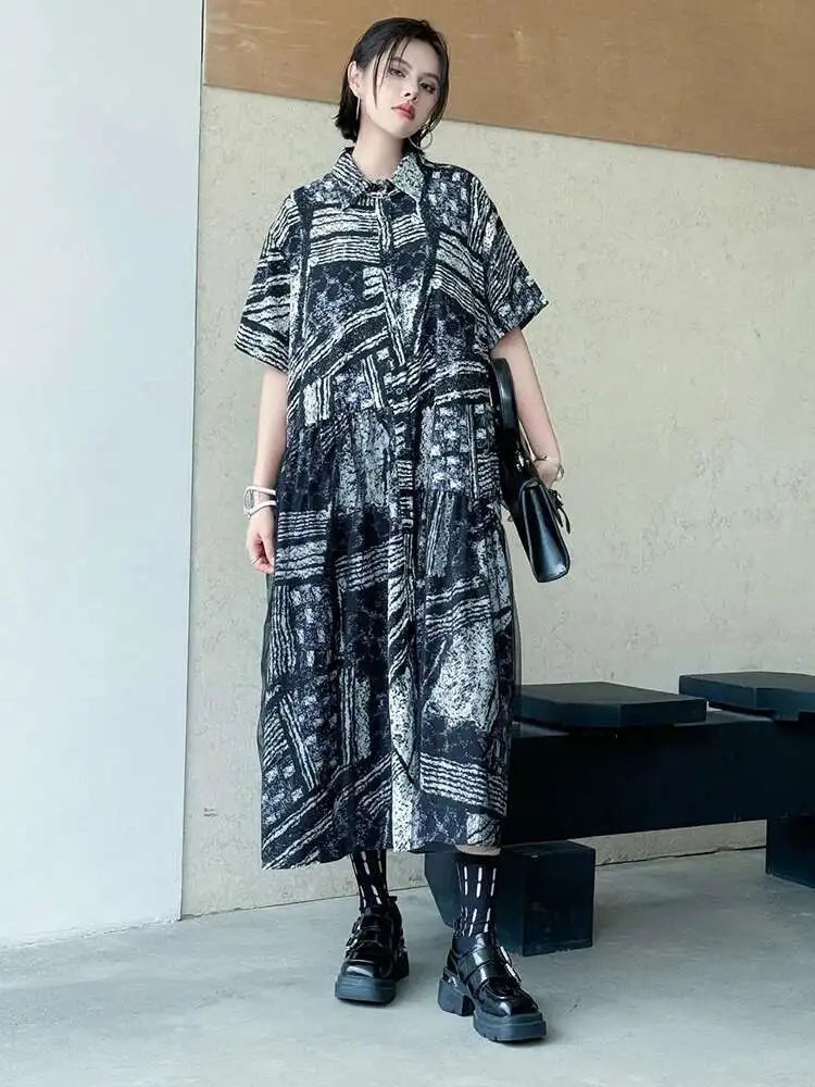 Women Black Pattern Printed Big Size Mesh Midi Shirt Dress New Lapel Short Sleeve Fashion Tide Spring Summer 2025 1DJ0636