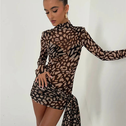 Load image into Gallery viewer, Mesh Leopard Print Sexy Mini Dress For Women Robe Fashion Turtleneck Draped Ruched High Waist Club Dress Vestido
