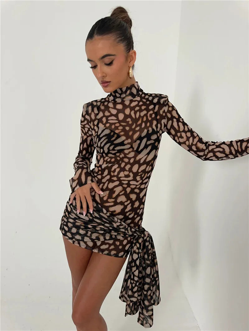 Mesh Leopard Print Sexy Mini Dress For Women Robe Fashion Turtleneck Draped Ruched High Waist Club Dress Vestido