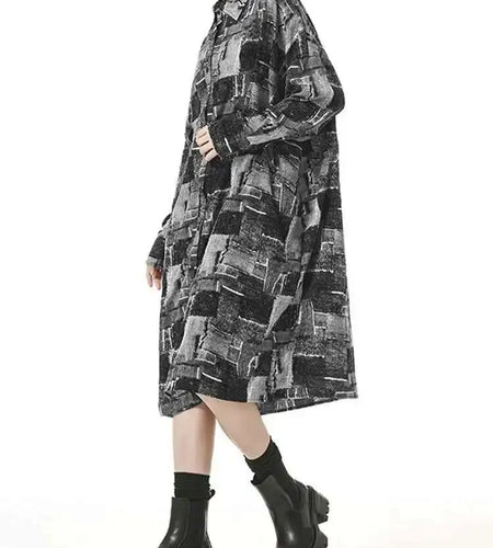 Women Black Pattern Printed Pocket Big Size Midi Shirt Dress New Lapel Long Sleeve Fashion Tide Spring Autumn 2025 1DH4102