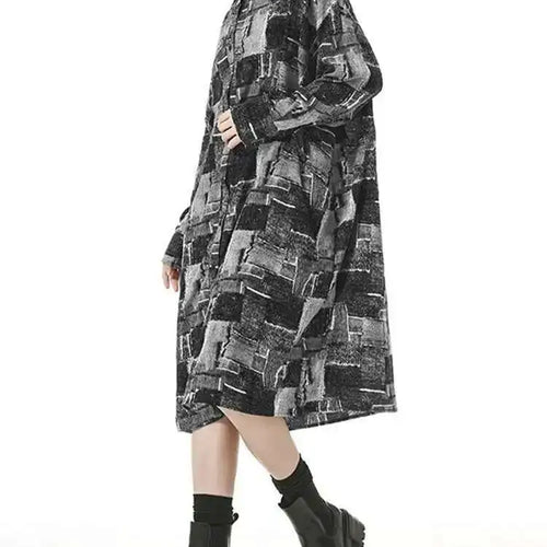 Load image into Gallery viewer, Women Black Pattern Printed Pocket Big Size Midi Shirt Dress New Lapel Long Sleeve Fashion Tide Spring Autumn 2025 1DH4102
