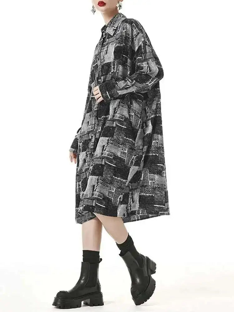 Women Black Pattern Printed Pocket Big Size Midi Shirt Dress New Lapel Long Sleeve Fashion Tide Spring Autumn 2025 1DH4102