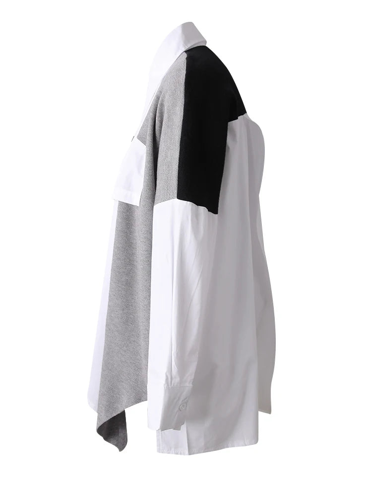 Women Coffee Knitting Spliced Big Size Irregular Blouse New Lapel Long Sleeve Shirt Fashion Spring Autumn 2025 1DJ0105