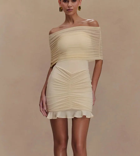 Elegant Off Shoulder Mesh Patchwork Elastic Tight Skirt Women Sexy Sleeveless Ruffle Mini Dress Female Party Dress 2025