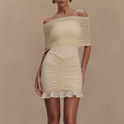 Load image into Gallery viewer, Elegant Off Shoulder Mesh Patchwork Elastic Tight Skirt Women Sexy Sleeveless Ruffle Mini Dress Female Party Dress 2025
