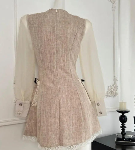 Autumn Vintage Khaki Patchwork Elegant Long Sleeve Mini Dress French Women Ruffle Edges Evening Party Short Dress Fashion Trendy