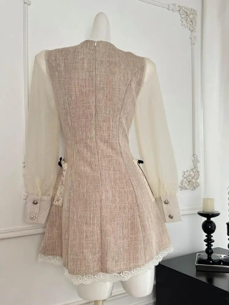 Autumn Vintage Khaki Patchwork Elegant Long Sleeve Mini Dress French Women Ruffle Edges Evening Party Short Dress Fashion Trendy