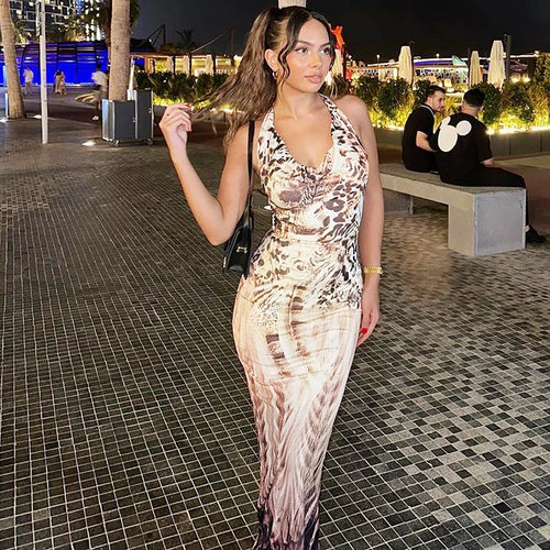 Load image into Gallery viewer, Backless Print V-neck Lace Up Sexy Maxi Dress For Women Slim Fit Sleeveless Hollow Out Dress Vacation Outfit Autumn
