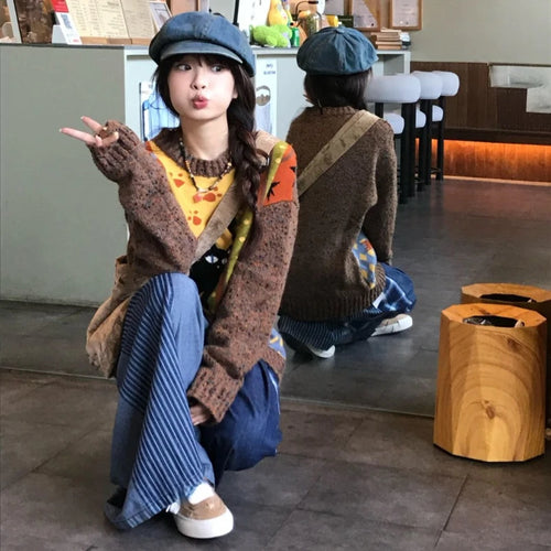 Load image into Gallery viewer, Loose Grunge Cartoon Jacquard Pullovers Y2k Aesthetic Vintage Knitted Sweaters Streetwear Patchwork Harajuku Women's Jumpers
