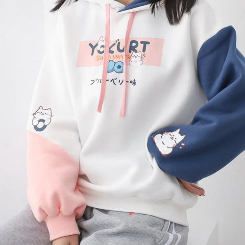 Load image into Gallery viewer, Kawaii Cat Print Women Hoodies Spring Long Sleeve Drawstring Cotton Hooded Sweatshirt Female Harajuku Cute Pullover Tops
