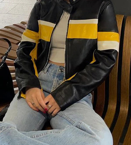 Streetwear Stripe Patchwork Moto Style PU Leather Jacket Female Winter Coat Zip Up Outwear Biker Racing Jackets Chic