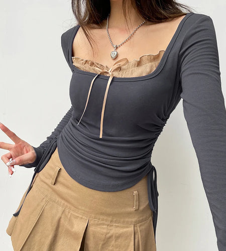 Y2K Vintage Bow Chic Autumn Tee Shirts Slim Drawstring Square Neck Patched Sweet Aesthetic Female T shirt Top Korean