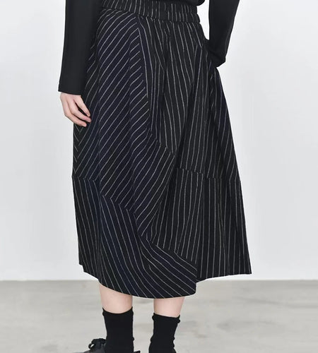High Elastic Waist Black Striped Pocket Casual A-line Half-body Skirt Women Fashion Tide New Spring Autumn 2025 1DJ1205
