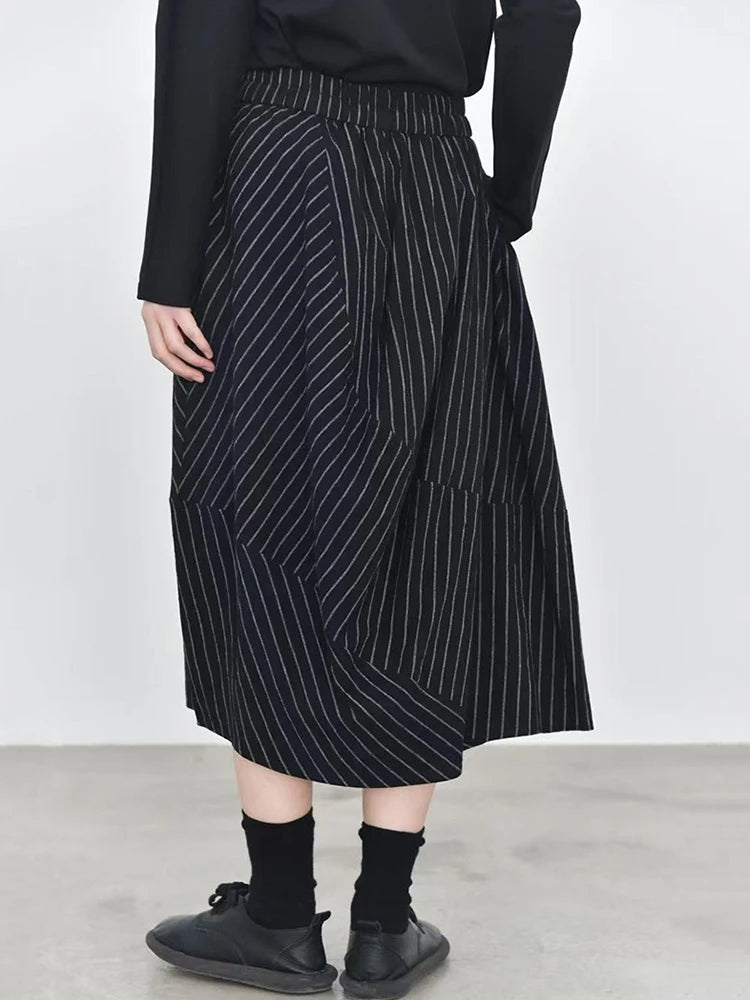 High Elastic Waist Black Striped Pocket Casual A-line Half-body Skirt Women Fashion Tide New Spring Autumn 2025 1DJ1205