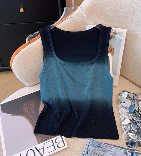 Korean Vintage Elegant Square-neck Gradient Knit Vest Summer Casual Sleeveless Short Tank Tops Women's Holiday Clothing Vestidos