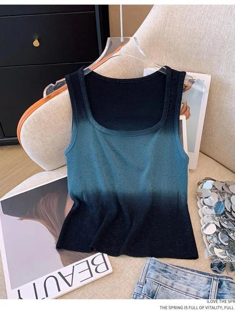 Korean Vintage Elegant Square-neck Gradient Knit Vest Summer Casual Sleeveless Short Tank Tops Women's Holiday Clothing Vestidos