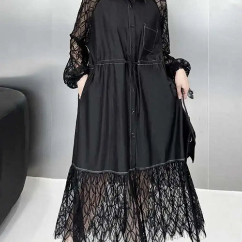 Load image into Gallery viewer, Women Black Denim Lace Perspective Big Size Shirt Dress New Lapel Long Sleeve Fashion Tide Spring Autumn 2025 1DH702001
