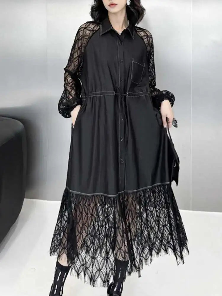 Women Black Denim Lace Perspective Big Size Shirt Dress New Lapel Long Sleeve Fashion Tide Spring Autumn 2025 1DH702001