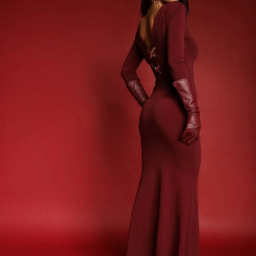 Load image into Gallery viewer, Elegant Long Sleeve Bow Body Con Party Evening Dress Women Winter New Elastic Slim Maxi Vestidos Sexy Deep V Clothing
