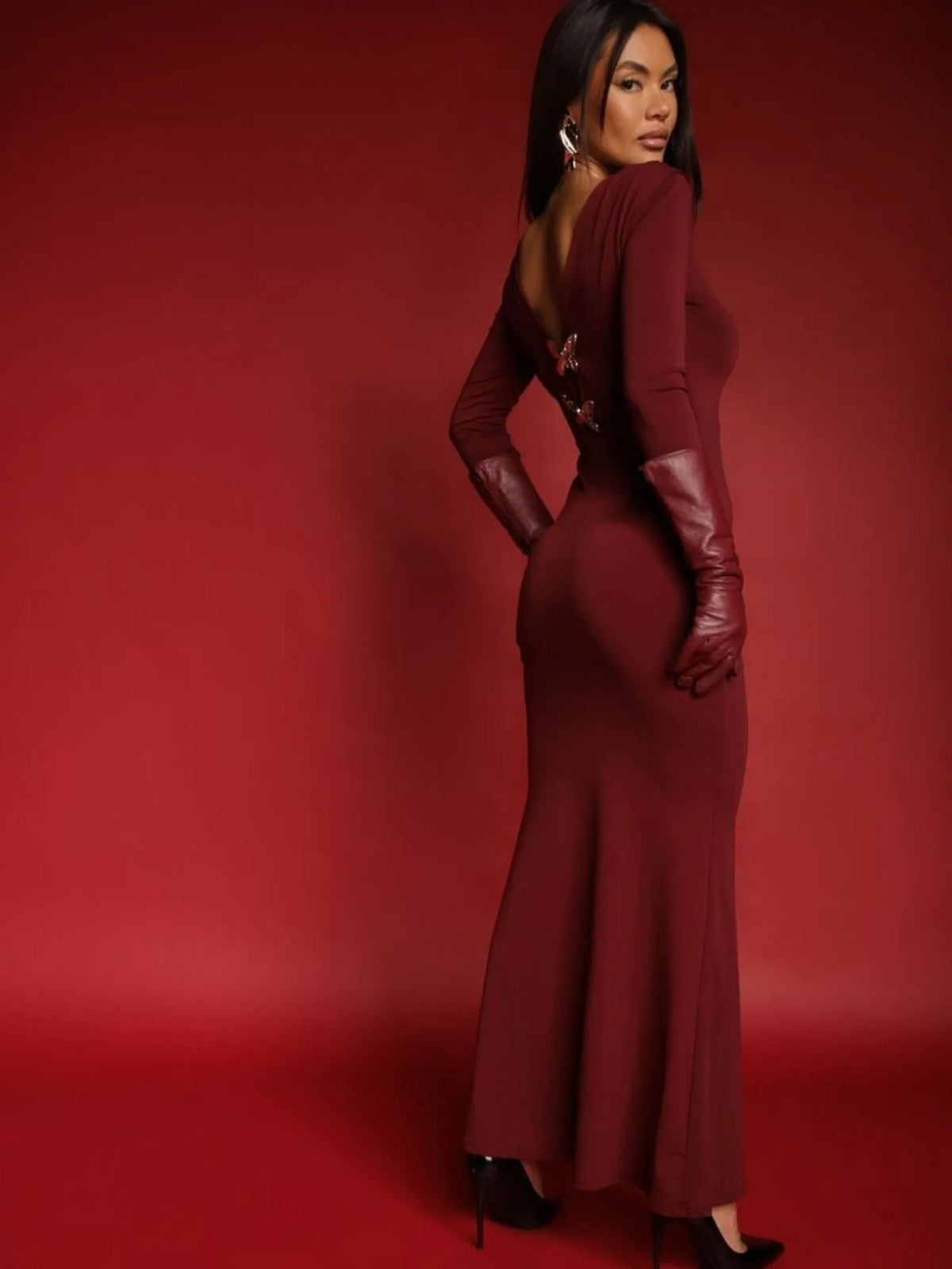 Elegant Long Sleeve Bow Body Con Party Evening Dress Women Winter New Elastic Slim Maxi Vestidos Sexy Deep V Clothing