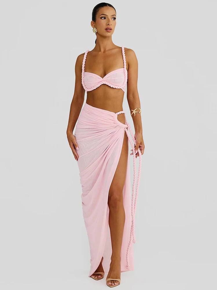 Summer Beach Sexy Two Piece Sets Women Strapless Crop Tops And Maxi Skirt Female Elegant Vacation Club 2 Piece Set