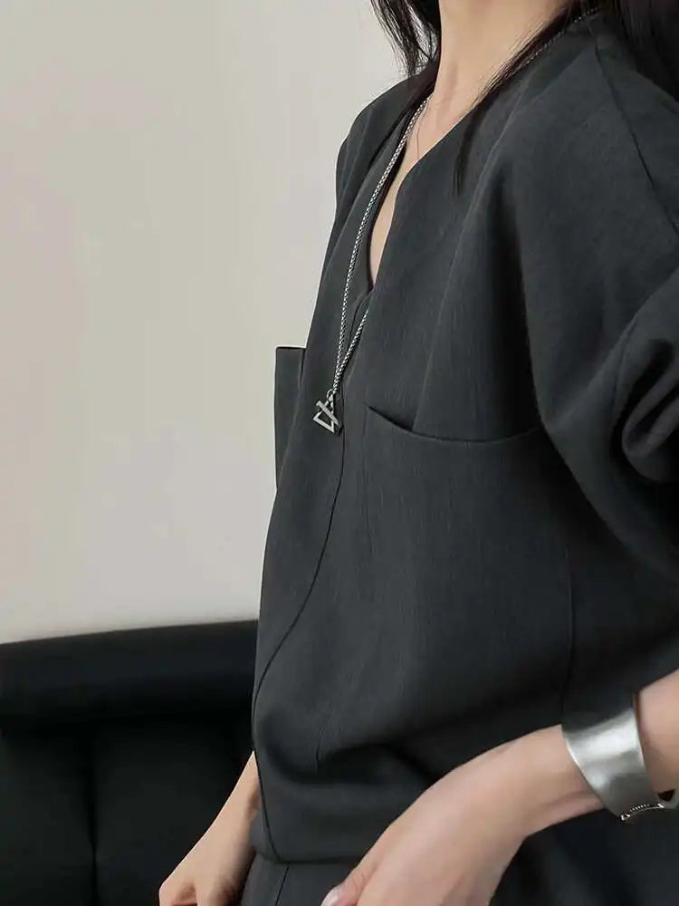 Women Gray Double Pocket Big Size Elegant Mini Dress New V--Neck Long Sleeve Fashion Tide Spring Autumn 2025 1DH7310