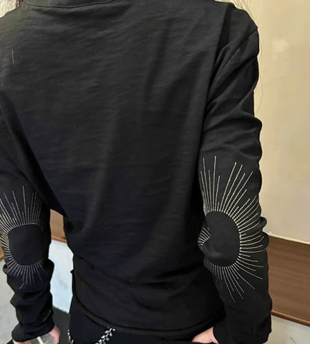 2025 Women Streetwear Embroidery Grunge T-shirts Loose Single Breasted Autumn Black Tops Y2k Aesthetic Casual Style Vintage Tees