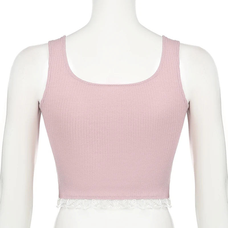 Sweet Pink Skinny Summer Crop Tops Vest Lace Trim Bow Short Korean Coquette Clothes Tank Tops Sleeveless Tee Outfits