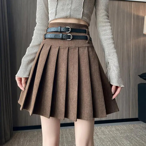 Load image into Gallery viewer, French Fashion Black Beige High Waist Mini Pleated Skirt Women 2024 New Autumn Winter Retro Brown Corduroy Versatile Short Skirt

