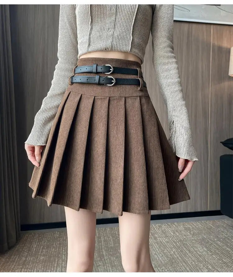 French Fashion Black Beige High Waist Mini Pleated Skirt Women 2024 New Autumn Winter Retro Brown Corduroy Versatile Short Skirt