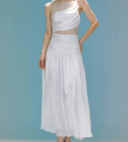 Solid Slimming Sheer Spliced Folds Minimalist Dresses for Women Square Neck Sleeveless Split Long Dress Female New