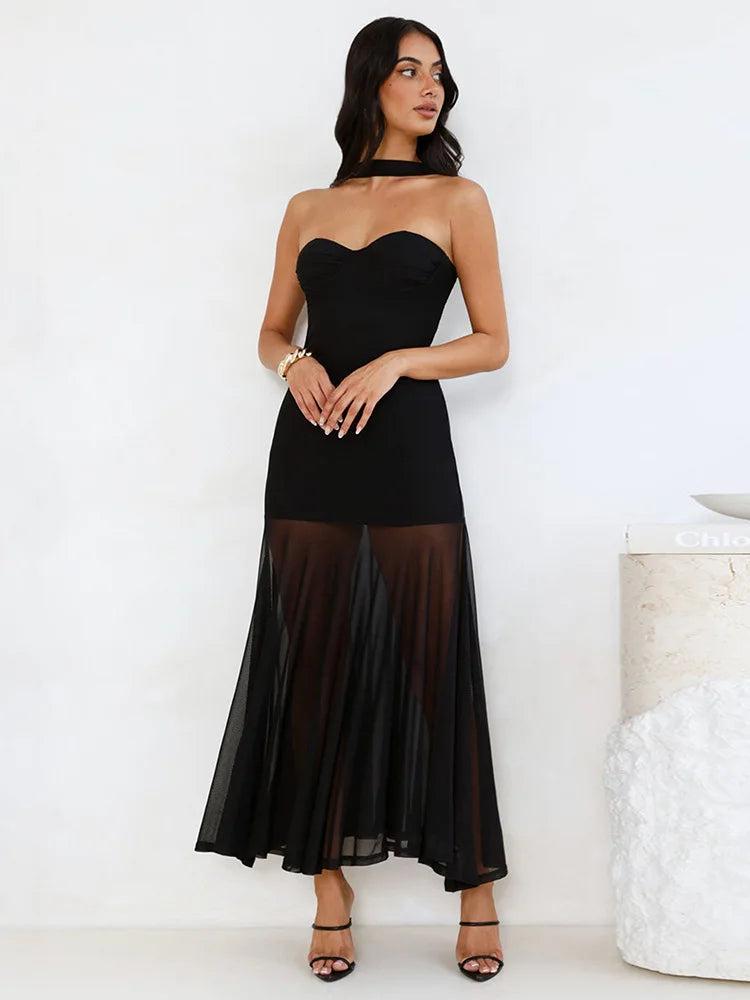 Scarf collar strapless sexy maxi dress women gown off-shoulder backless sleeveless A-line bodycon club long dress