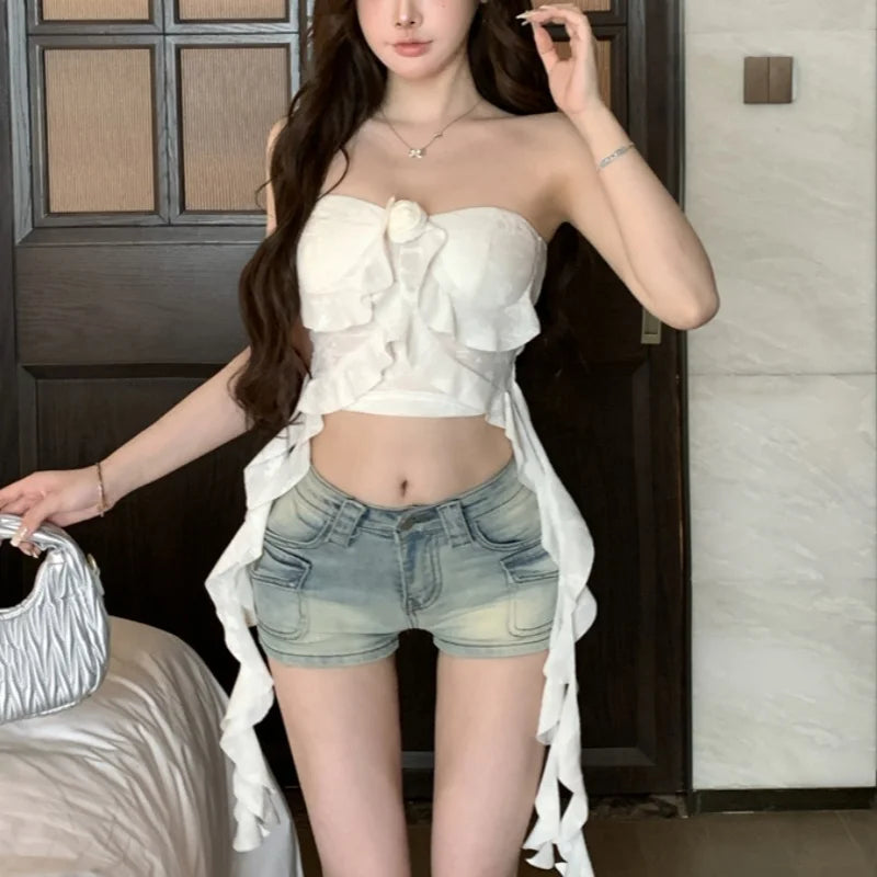 y2k Top Women Aesthetic Clothes Solid Color Off Shoulder Strapless Sleeveless Bandeau with Ruffles Hem 2000s Streetwear