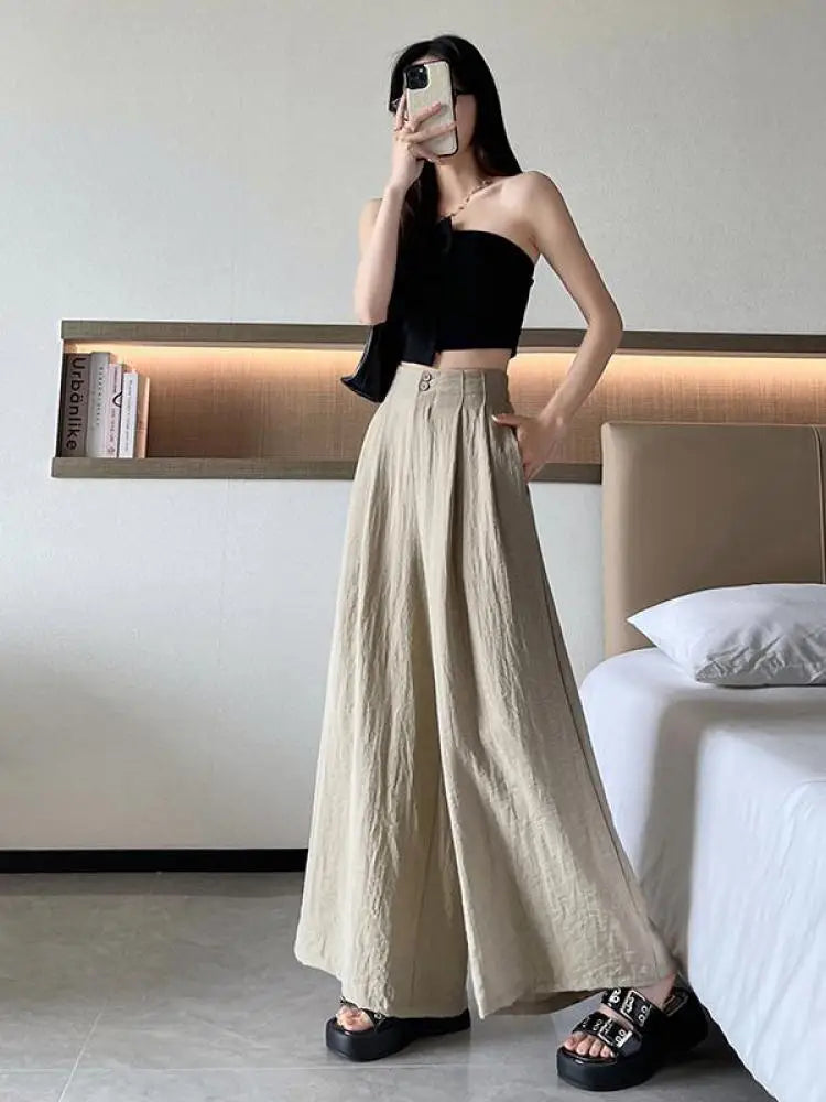Women Clothes 2024 Spring Summer Fashion Black Beige Wide Leg Long Pants High Waist Streetwear Loose Khaki Straight Trousers New