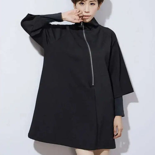 Load image into Gallery viewer, Women Black Zipper Casual Big Size Dress New Turtleneck Three-quarter Sleeve Loose Fit Fashion Spring Autumn 2025 1DF4717
