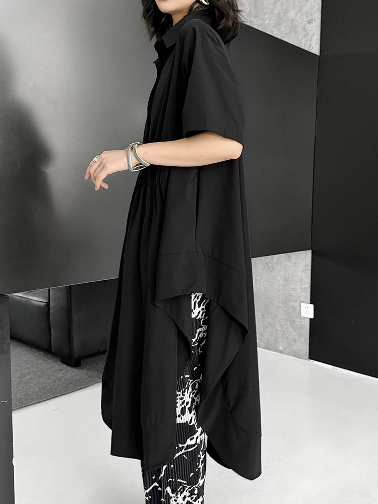 Women Black Side Slit Irregular Big Size Midi Shirt Dress New Lapel Short Sleeve Fashion Tide Spring Summer 2025 1DJ1121