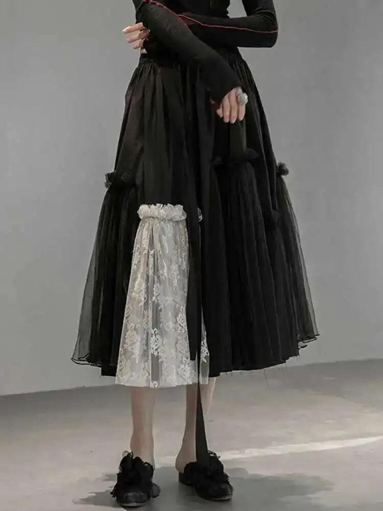 High Elastic Waist Black White Mesh Asymmetrical Half-body Skirt Women Fashion Tide New Spring Autumn 2025 1DD6027