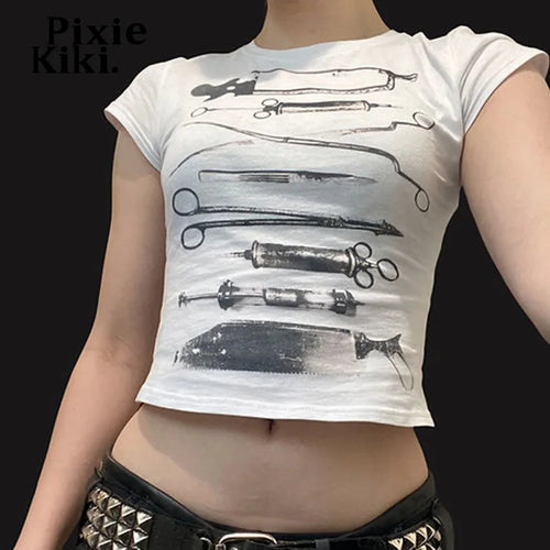 Load image into Gallery viewer, Gothic Graphic T Shirts Teenagers Grunge Yk2 Clothes Womens Summer Bodycon Tops White Short Sleeve Tees P67-AG10
