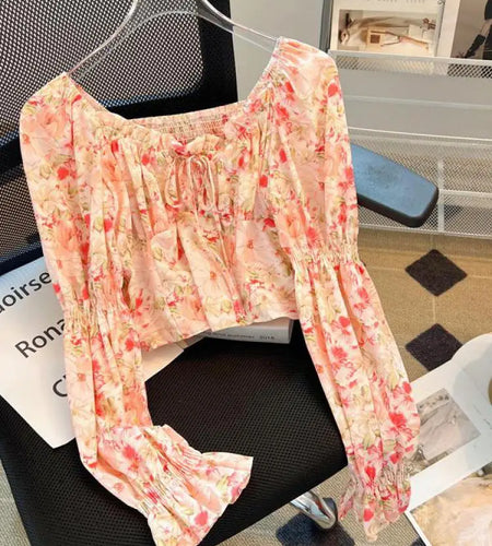 Spring Women Yellow Red Flower Long Sleeve Square Neck Backless Blouse Retro French Ruffle Edge Lace-up Holiday Shirt Short Tops