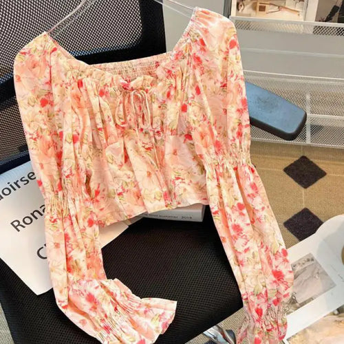Load image into Gallery viewer, Spring Women Yellow Red Flower Long Sleeve Square Neck Backless Blouse Retro French Ruffle Edge Lace-up Holiday Shirt Short Tops
